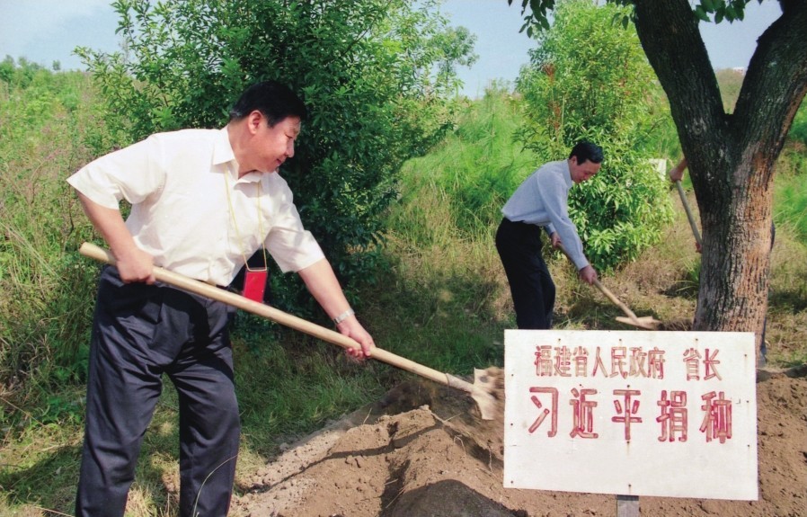 2001年10月，習(xí)近平在龍巖市長汀縣調(diào)研水土流失治理工作，在河田世紀(jì)生態(tài)園為樹培土。圖源：《習(xí)近平在福建（下）》