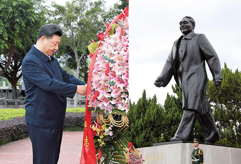 2020年10月14日，習(xí)近平總書記向深圳蓮花山公園鄧小平同志銅像敬獻(xiàn)花籃。